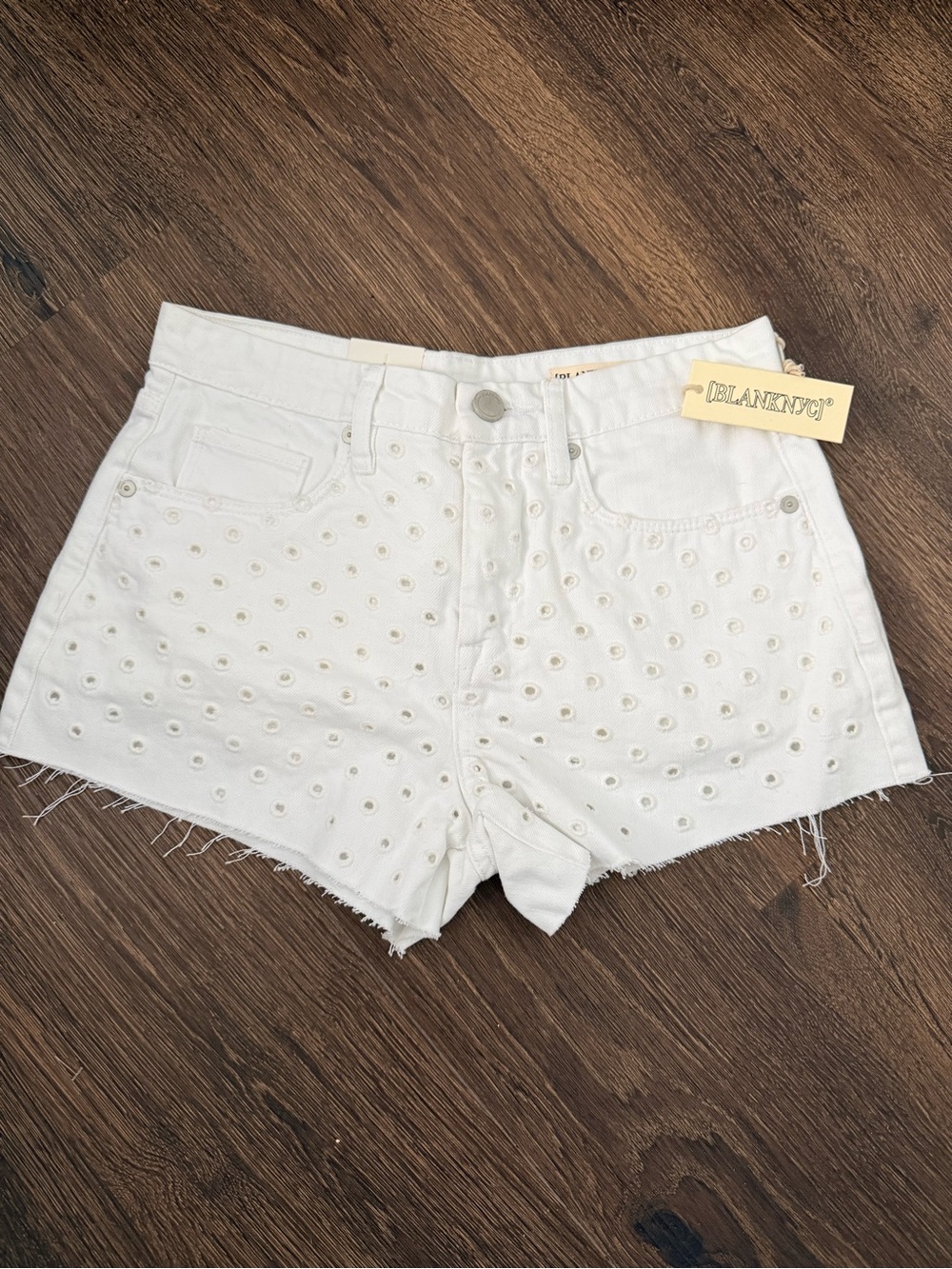 Blank NYC White Eyelet Frayed Denim Shorts